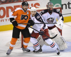 Scott Hartnell, Jack Johnson and Sergei Bobrovski