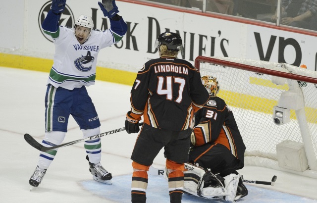 Alex Burrows celebrates a goal against the Anaheim Ducks