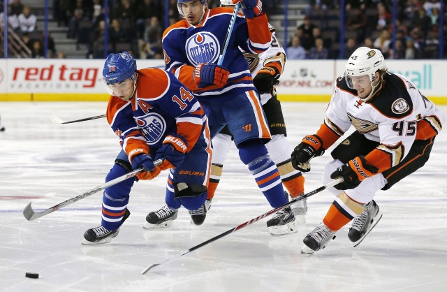 Sami Vatanen of the Anaheim Ducks and Jordan Eberle of the Edmonton Oilers