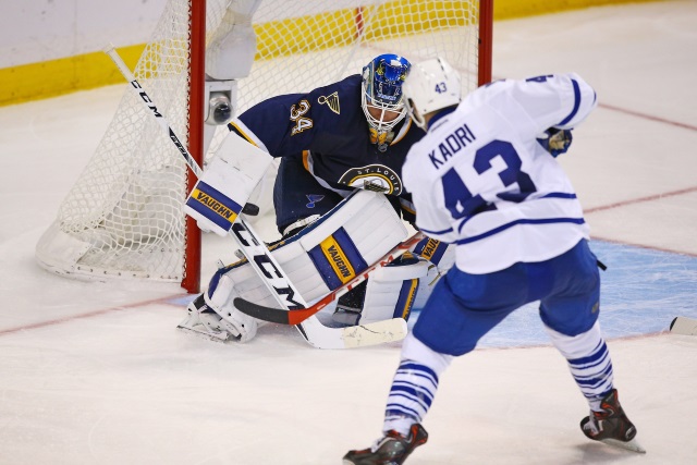 Nazem Kadri of the Toronto Maple Leafs and Jake Allen of the St. Louis Blues