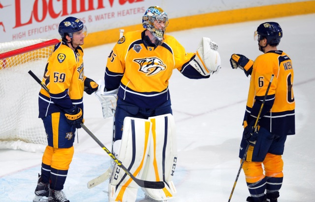 Pekka Rinne, Shea Weber and Roman Josi of the Nashville Predators