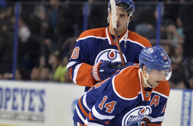 Jordan Eberle and Nail Yakupov of the Edmonton Oilers