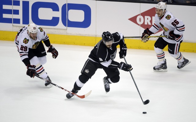 Andrew Shaw and Bryan Bickell of the Chicago Blackhawks