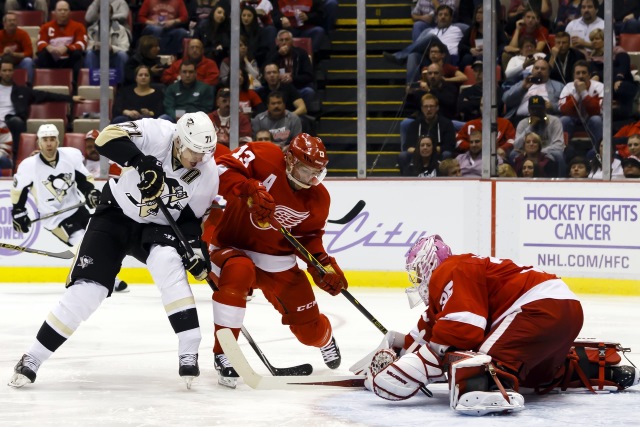 Jimmy Howard and Pavel Datsyuk of the Detroit Red Wings