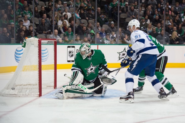 Steven Stamkos of the Tampa Bay Lightning and Kari Lehtonen of the Dallas Stars