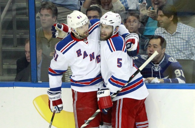 Rick Nash and Dan Girardi of the New York Rangers