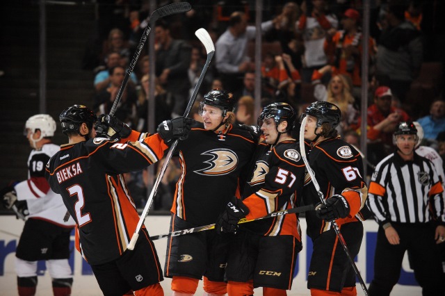 David Perron, Rikard Rakell and Kevin Bieksa