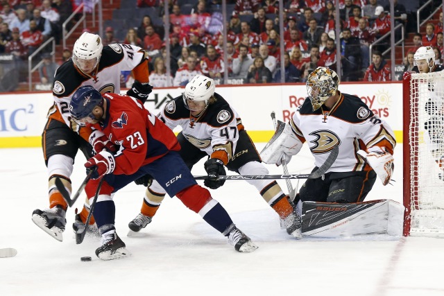 Hampus Lindholm and Frederik Andersen of the Anaheim Ducks