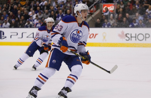 Jordan Eberle and Ryan Nugent-Hopkins of the Edmonton Oilers