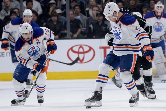 Jordan Eberle and Taylor Hall of the Edmonton Oilers