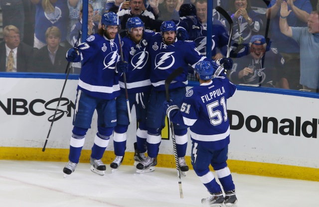 Steven Stamkos and Victor Hedman of the Tampa Bay Lightning