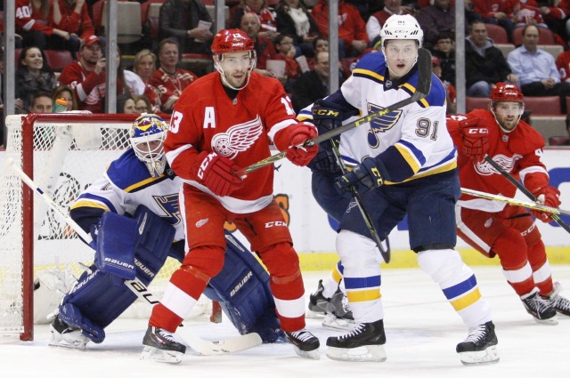 Pavel Datsyuk of the Detroit Red Wings and Vladimir Tarasenko of the St. Louis Blues