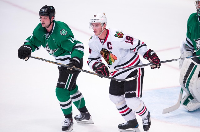 Jamie Benn of the Dalas Stars and Jonathan Toews of the Chicago Blackhawks