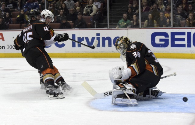 Sami Vatanen and John Gibson of the Anaheim Ducks against the Colorado Avalanche