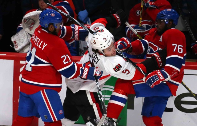 P.K. Subban of the Montreal Canadiens and Cody Ceci of the Ottawa Senators