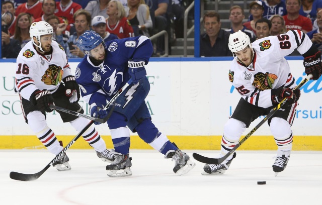 Andrew Shaw and Marcus Kruger of the Chicago Blackhawks