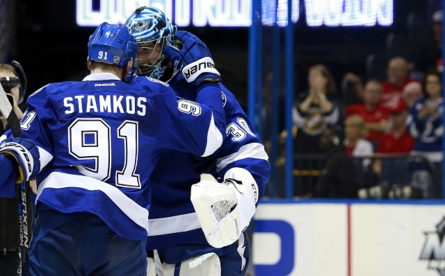 Steven Stamkos and Ben Bishop of the Tampa Bay Lightning