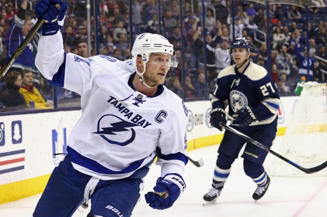 Tampa Bay Lightning's Steven Stamkos scoring on the Columbus Blue Jackets