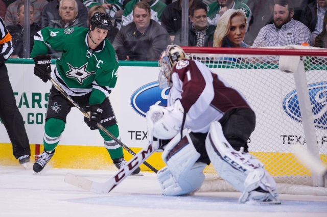 Jamie Benn of the Dallas Stars and Semyon Varlamov of the Colorado Avalanche