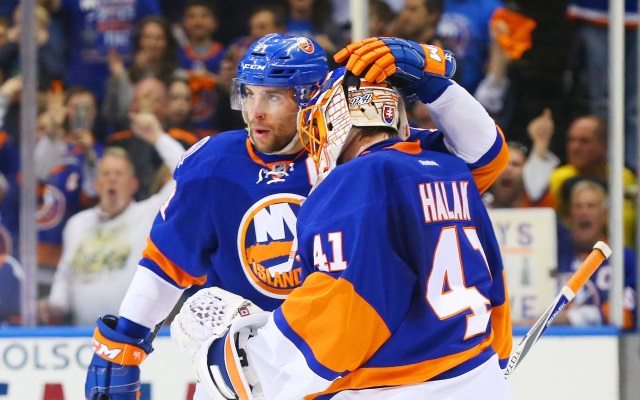 John Tavares and Jaroslav Halak of the New York Islanders