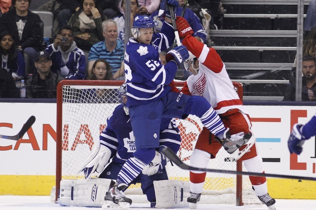 Martin Marincin battling a Detroit Red Wings player in front of the net