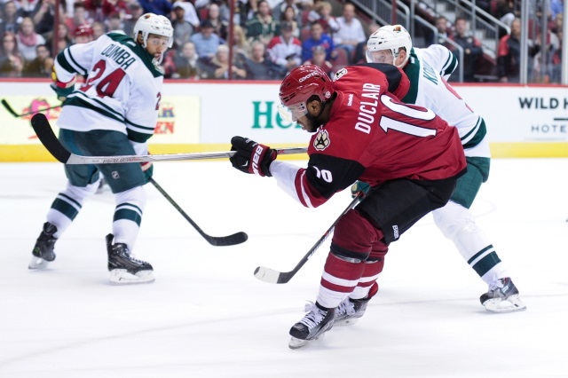 Matt Dumba of the Minnesota Wild and Anthony Duclair of the Arizona Coyotes