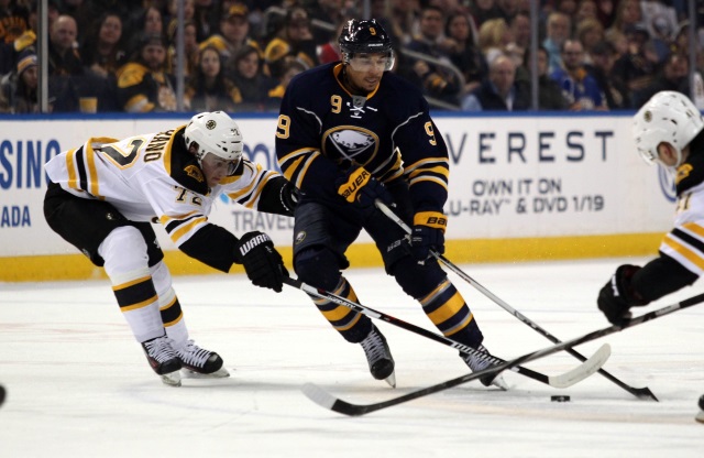 Evander Kane of the Buffalo Sabres and Frank Vatrano of the Boston Bruins