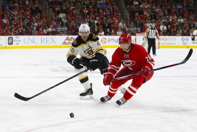 David Krejci of the Bosont Bruins and John-Michael Liles, then of the Carolina Hurricanes