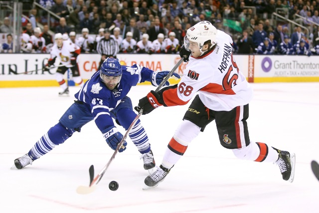 Mike Hoffman of the Ottawa Senators and Nazem Kadri of the Toronto Maple Leafs