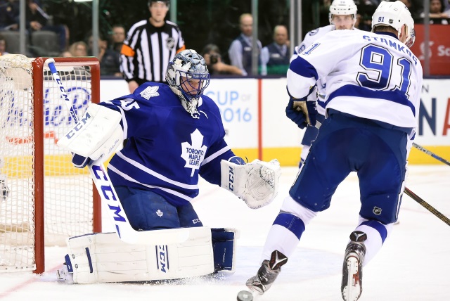 Jonathan Bernier formerly of the Toronto Maple Leafs and Steven Stamkos of the Tampa Bay Lightning