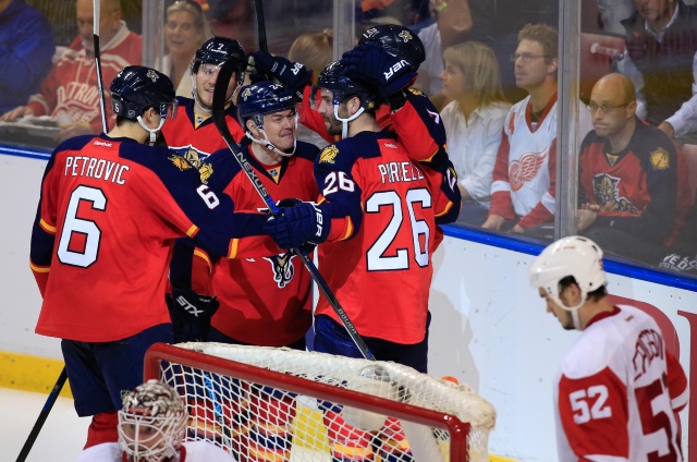 Alex Petrovic of the Florid Panthers and Jonathan Ericsson of the Detroit Red Wings