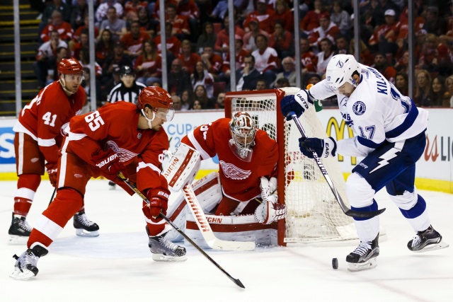 Danny DeKeyser and Petr Mrazek of the Detroit Red Wings