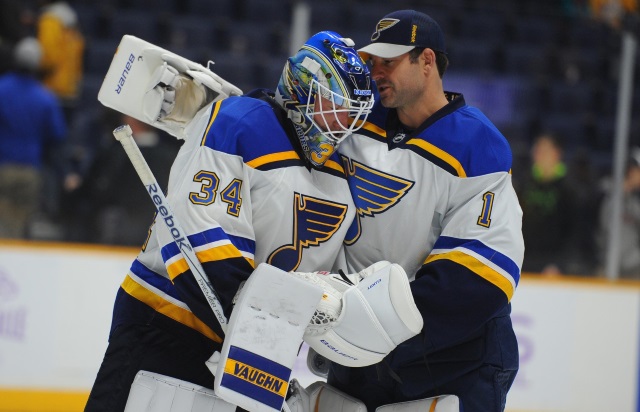 Jake Allen and Brian Elliott of the St. Louis Blues