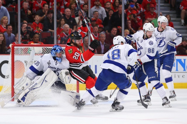 Ben Bishop and Nikita Kucherov of the Tampa Bay Lightning