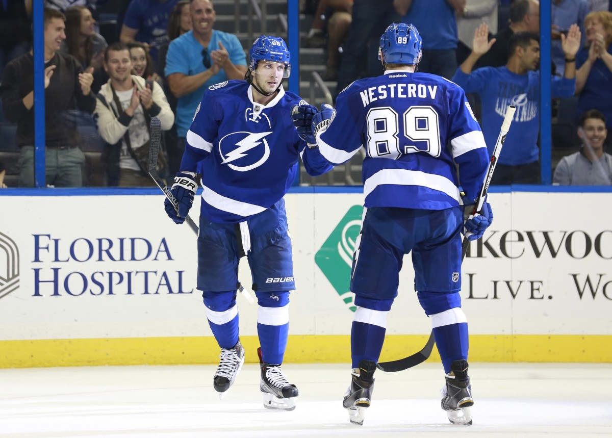 Nikita Kucherov and Nikita Nesterov of the Tampa Bay Lightning