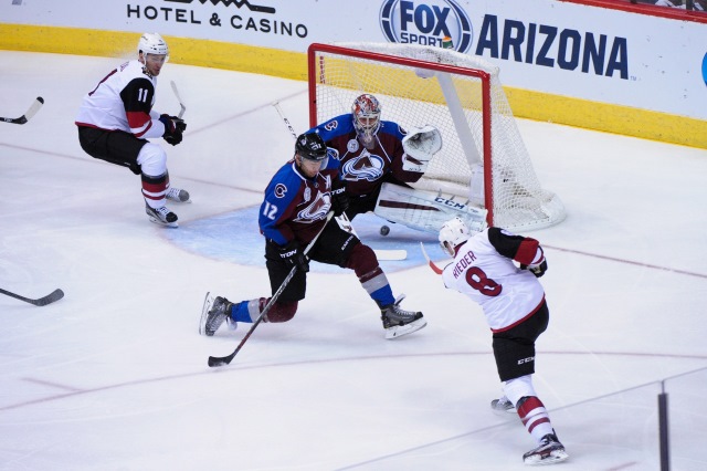 Tobias Rieder and Martin Hanzal of the Arizona Coyotes