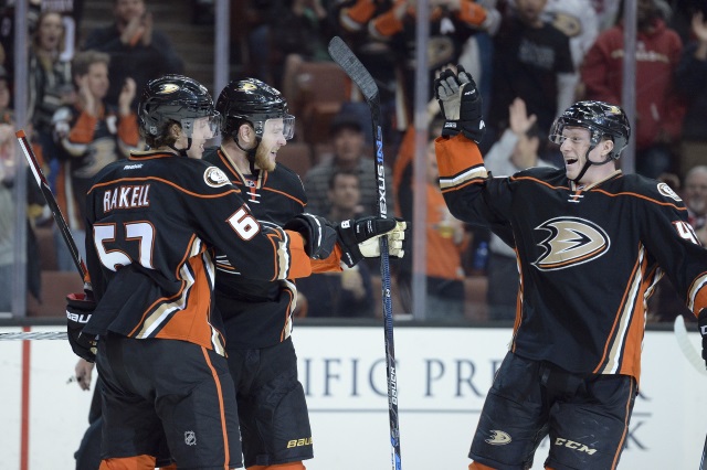 Hampus Lindholm and Rickard Rakell of the Anaheim Ducks