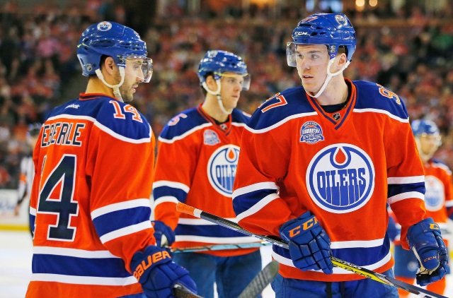 Connor McDavid and Jordan Eberle of the Edmonton Oilers