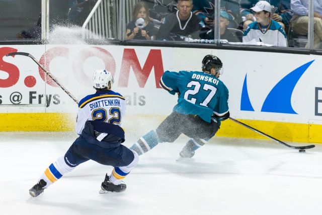 Alex Pietrangelo of the St. Louis Blues and Joonas Donskoi of the San Jose Sharks