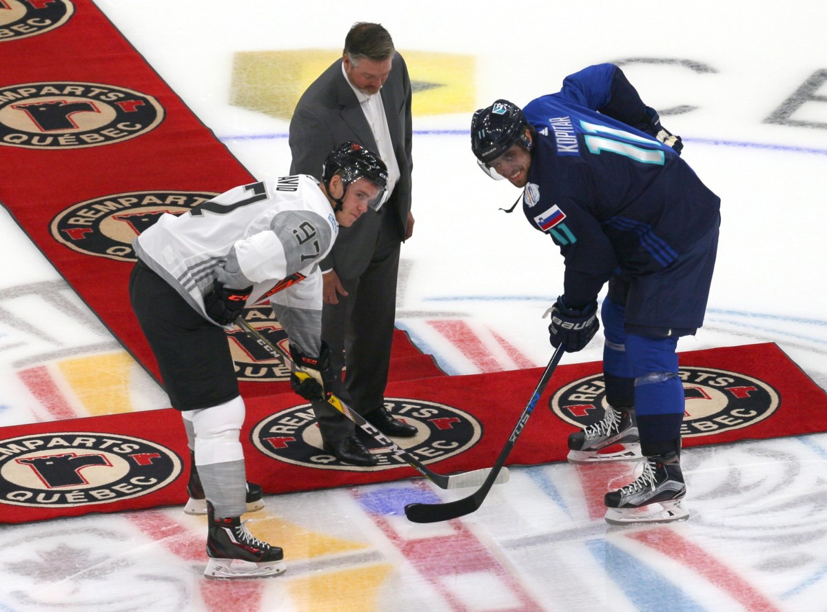 Patrick Roy dropping the puck at last nights World Cup of Hockey game