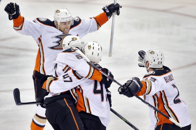 Hampus Lindholm and Rickard Rakell of the Anaheim Ducks