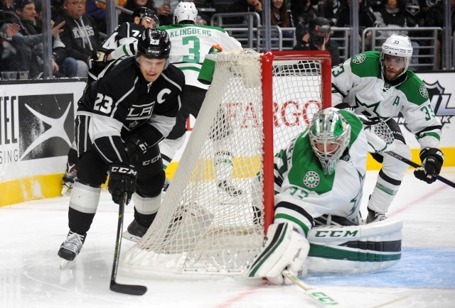 Dustin Brown of the LA Kings and Kari Lehtonen of the Dallas Stars