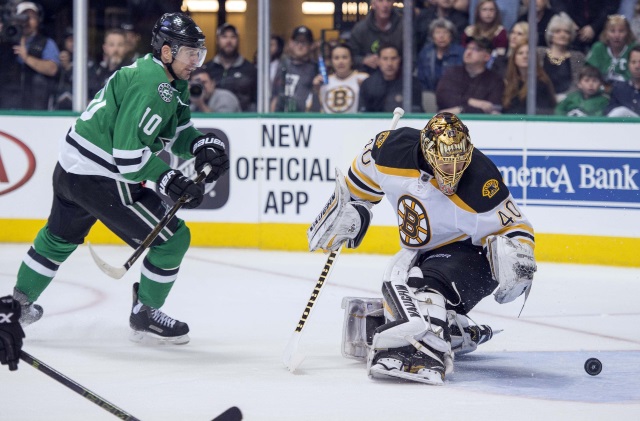 Tuukka Rask of the Boston Bruins and Patrick Sharp of the Dallas Stars