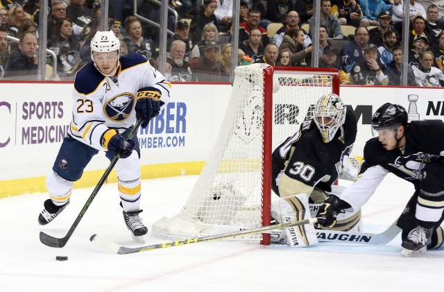 Matt Murray of the Pittsburgh Penguins and Sam Reinhart of the Buffalo Sabres