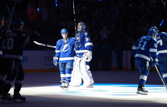 Ben Bishop and Tyler Johnson of the Tampa Bay Lightning