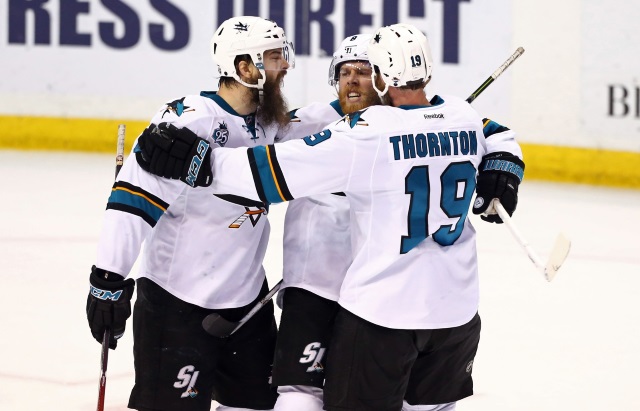 Brent Burns and Joe Thornton of the San Jose Sharks