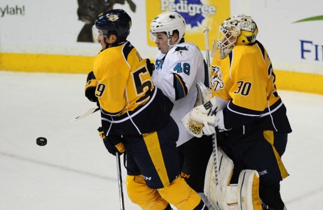 Roman Josi of the Nashville Predators and Tomas Hertl of the San Jose Sharks