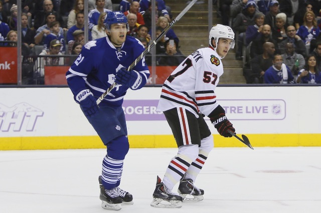 James van Riemsdyk of the Toronto Maple Leafs and Trevor van Riemsdyk of the Chicago Blackhawks