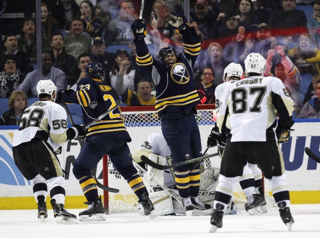 Buffalo Sabres Evander Kane celebrates after Zach Bogosian scores