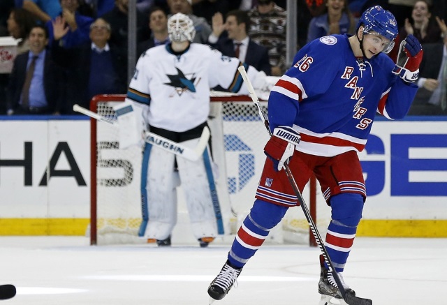 Jimmy Vesey of the New York Rangers and Martin Jones of the San Jose Sharks